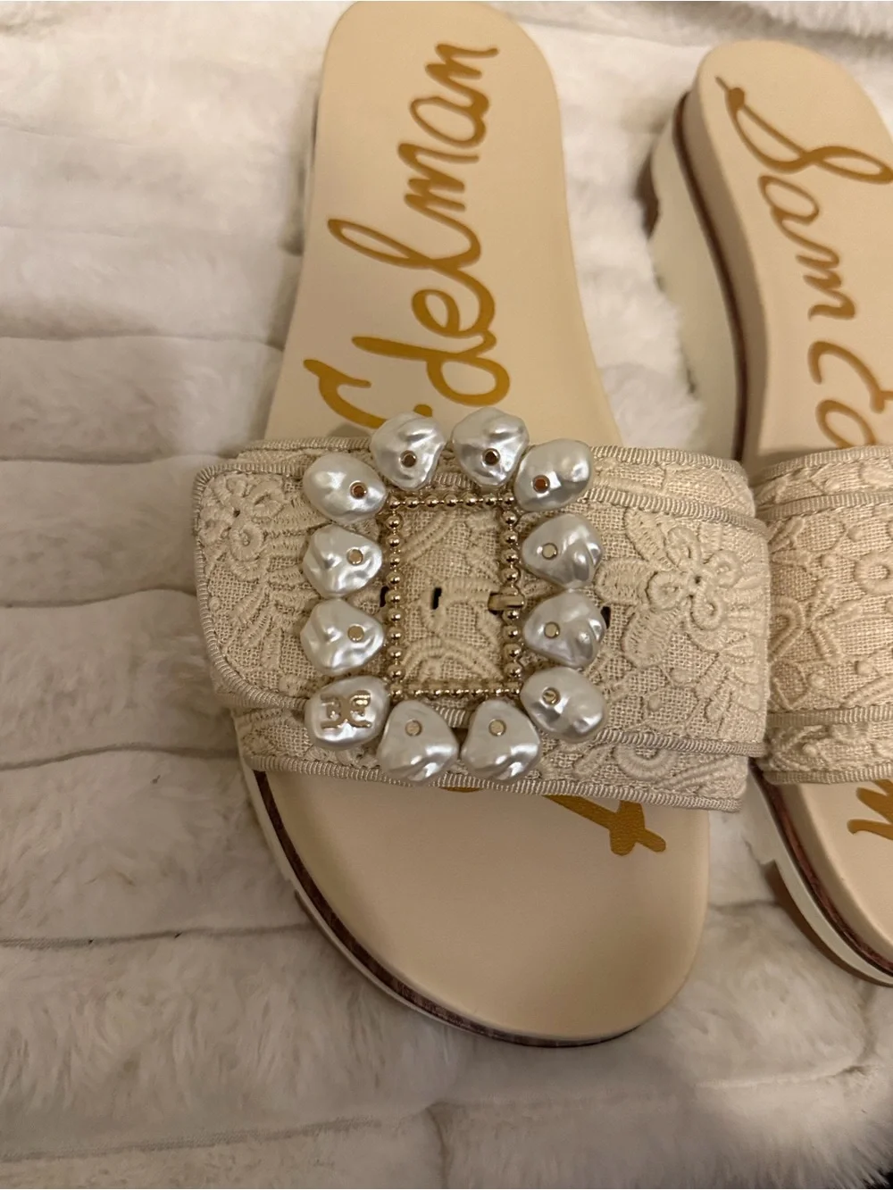 Sam Edelman Beige Lace Pearl-Buckle Slide Mules - Picture 9 of 9